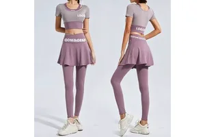 Modest Workout Set Women 2 Piece Skirt Leggings and Short Sleeve Gym Top High Waist Tummy Control Quick Dry Color Blocking