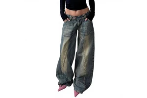 European American Cross-Border Mid Waist Denim Washed Distressed Design Loose Slimming Casual Fashionable Women's Wide-Leg Jeans