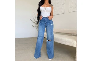 Spring Summer Lady Fashion Jeans High Waist Ripped Hole Trousers Women Long Wide Leg Denim Pants
