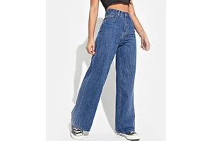 Casual Oversize Long Trousers Women Breathable Mid Waist Regular Fit Distressed Button Denim Wide Leg Pants Plus Size Jeans