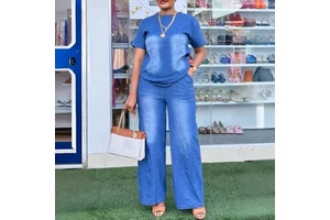 J9065 Trendy Denim Suit for Women Short Sleeve Crew Neck Top and Straight Jeans Two Piece Set Elegant Matching Set for Ladies