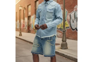 High Quality Customized Men Y2k Denim Shorts Mid Waist Distressed Wash Light Vintage Process with Retro Hem