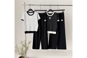 Cross-Border Summer Fashion Set Women Short Sleeve Neck Striped Knitted Top Loose Patchwork Wide-Leg Pants Casual Versatile 1018