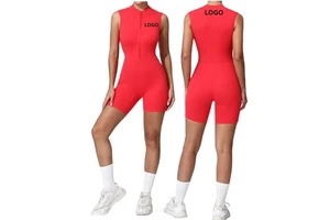 Women New Dance Fitness Tight Sports Jumpsuit, European American Style Sleeveless Zipper Yoga Jumpsuit Summer Fitness Sportswear