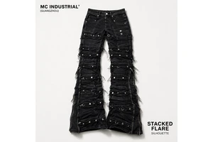Streetwear Punk Gothic Metal Hardware Distressed Frayed Multi-pocket Stacked Flare Zipper Bottom Slim Denim Pants Men's Jeans