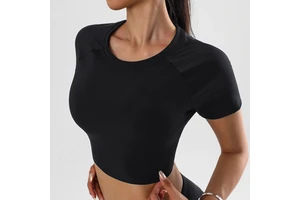 Women's Eco-Friendly Short Sleeve Crop Tank Top Quick-Dry Breathable Black Fitness Gym Yoga Tops for Summer Exercise Sports