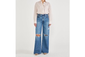 Manufacturer Custom Logo Mom Jeans High Waist Baggy Jeans Boyfriend Raw Hem Knee Rip Wide Leg Jeans For Women