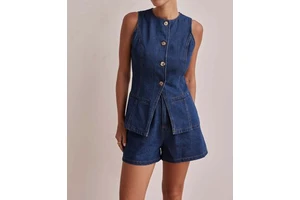 Women's Casual Denim Set Spring Summer Vintage Sleeveless Waist-Defining Cut High-Waisted Loose-Fit Denim Shorts Two-Piece Set