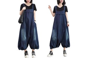 RNSHANGER Vintage Denim Overalls for Women Casual Loose Strap Lantern Pants Fashion High Waist Wide Leg Pants Ladies Jumpsuit
