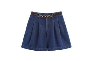 SHENZHU 2025 Fashionable and Versatile Summer New Women's Denim Pleated Belt High Waist Shorts 6164112 6164109