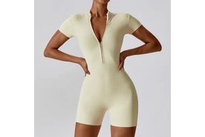 OEM Women Breathable Lightweight Quick Dry Knee Length Tight Waist Nylon Spandex Short Sleeve Sport Jumpsuit for Gym Fitness