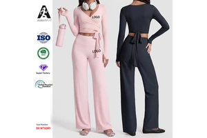 Womens Solid Color Breathable Long-Sleeve Yoga Top Crisscross Straps Spandex/Nylon Material Ballet-Style for Sports Fitness