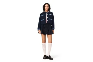 Women's Loose Denim Set for Spring/Autumn Above Knee Length Collarless Jacket Cardigan and Wide-Leg Pants with Solid Pattern
