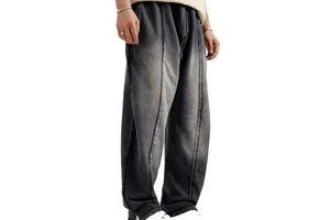 Custom Men's Plus Size Breathable Oversized Baggy Sun Fade Washed Denim Jeans Patch Straight Loose Fit Wide Leg Street Style