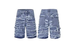 Men'S Premium Distressed Denim Shorts Casual Streetwear Ripped Jean Shorts Summer Fashion Cotton Denim Shorts