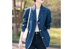 Spring Autumn New Fashion Denim Women Single Breasted Notched Collar Blazer Long Sleeved Office Casual Suit Jacket Slim