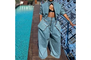 Vintage Unique Fashion Fall Winter Lady Streetwear Denim Jeans Jacket Wide Leg Matching Sets Two Piece Pants Set Women'S Sets