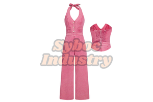Women's Stylish Vintage Pink Cowgirl Denim Overall Jumpsuit Summer Vacation Light Acid Wash