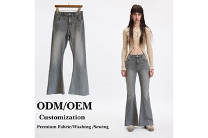 ODM OEM Custom Mid High Waist Stretchy Vintage Grey Washed Breathable Flare Denim Pants Baggy Jeans For Women Women's Pants