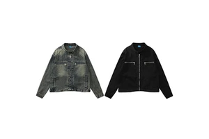 Wholesale Men's Denim Stand Collar Jacket Autumn Winter Street Trendy Style Loose Jacket Sheep Skin Leather Men Windproof Jacket
