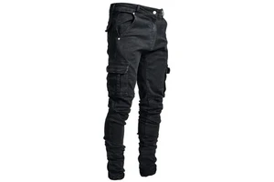 RNSHANGER Street Elastic Jeans Men Denim Cargo Pants Wash Solid Color Multi Pockets Casual Trousers Slim Fit Daily Wear Joggers