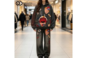 Custom Women Applique Embroidery Hoodie Set Streetwear Acid Washed Oversized Pullover Sweatsuit Wide Leg Denim Pants Set OEM
