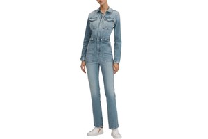 Women Denim Overalls Jumpsuit Summer Full Length Long Sleeve Regular Fit Button Front Casual Belted Design High Waist Dark Wash