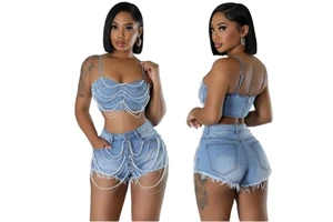 Women's Sexy Denim Two Piece Set Spaghetti Strap Pearls Patchwork Vintage Crop Top + Skinny Fit Shorts for Summer Washed