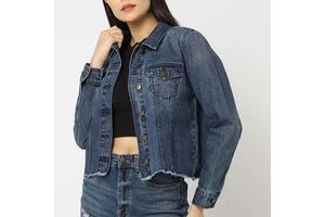 Custom Logo Printed Stylish Winter Denim Women's Full Sleeve Breathable Jeans Jacket with Pockets 100% Cotton