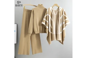 Wholesale Knitwear Women's Three-Piece Suit Temperament Socialite Cardigan Knitted Sweater Shawl Cape Wide Leg Pants Women's Set