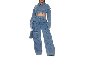 Custom Manufacture High Quality Women's 2 Pic Denim Set Washed Distressed Cropped Jacket Wide Leg Pants Pockets Decoration Denim
