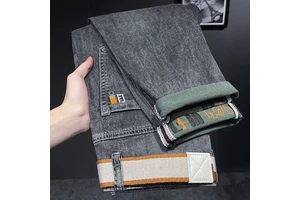 Custom Wholesale High-end Men's Autumn Casual Mid Rise Straight Gray Printed Quick Dry Jeans New Trend Long Trousers Washed