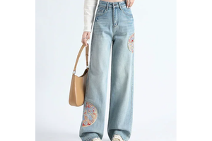 OEM OED High Rise Loose Straight Jeans Women Casual Boyfriend Fit Chinese Style Rivet Embroidery Cotton Material
