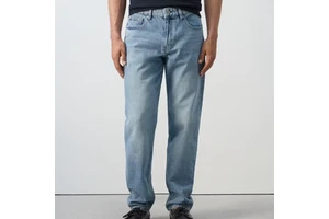 Light Blue Denim Men's Slim Tapered Fit Pants Comfortable Casual Faded Wash Trousers Modern Style Straight Solid Fashionable