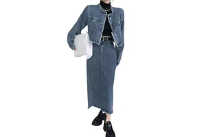Crew Neck Single Breasted Denim Blue Color Lady Long Sleeve Casual Fashion Cotton Denim Jeans Jacket for Women
