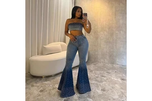 Fashionable Diamond-encrusted Denim Set: Summer Sleeveless Strapless Vest + Denim Flared Trousers