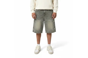 Custom Men's Street Wear Heavyweight Denim Shorts allover Rhinestones Denim Jeans Shorts for men and women