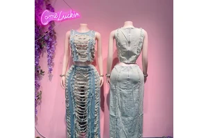 European and American Women's Denim Suit Cross-border Women's Fashion Handmade Worn-out Vest High Slit Denim Skirt Set