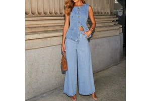 Channel 2024 Fashion Sleeveless Button Down Denim Vest and Wide Leg Jeans Matching Suits Sets Women's 2 Piece Denim Pants Set