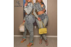 Washed Denim Patchwork Women's Set Full Sleeve Jacket and Pencil Jeans Pants Suit 2026 Street Two 2 Piece Set