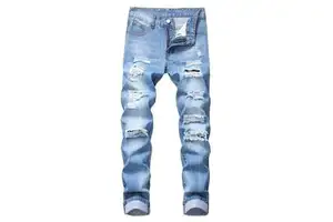 Plus Size Biker Blue Jean Denim Pant High Waist Mens Skinny Boy's Boyfriend Trousers Fashion Ripped Wash Distressed Men's Jeans