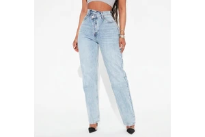 OEM/ODM Crossover Waistband Straight Leg Jeans Womens Light Blue Washed Denim Pants High Rise Asymmetric Trousers Factory Direct