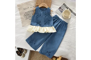 2026 Summer Fashionable New Girls' Clothing Outfit Denim Design Bow Knot Patchwork Vest Long Pants Two-Piece Set