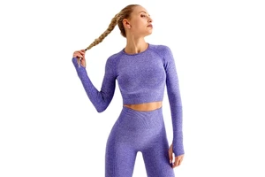 Long Sleeve Yoga Top Curvy Nude Plain Polyester Custom New Seamless Long 2 Piece High Waist Jacquard Purple Yoga Set