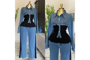 Jeans Denim Outfits Long Sleeve Jacket and Pant 2 Piece Set for Women