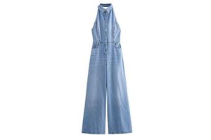 Women's Summer Hanging Neck Backless Casual Denim Backless Jumpsuit