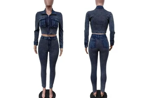 Fashion Denim Piece Sets Women Ribbed Outfit Long Sleeve Crop Tops and Jeans Suits