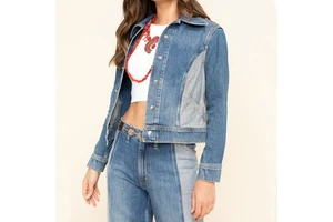 LARSUR Custom Factory Patchwork Denim Jacket Western Distress Wash Bomber Cropped Boxy Button up Casual Short Jean Jacket Women