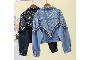 Wholesale Luxury Women's Denim Jacket Solid Pattern Long Sleeve Coat with Pearl and Diamond Beading Plus Size Winter Season
