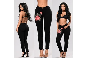 Women's Denim Jeans With Embroidery and Rips, Mid-Rise Slim Fit Long Pants in Deep Blue Light Blue, Cotton Blend Casual Chic